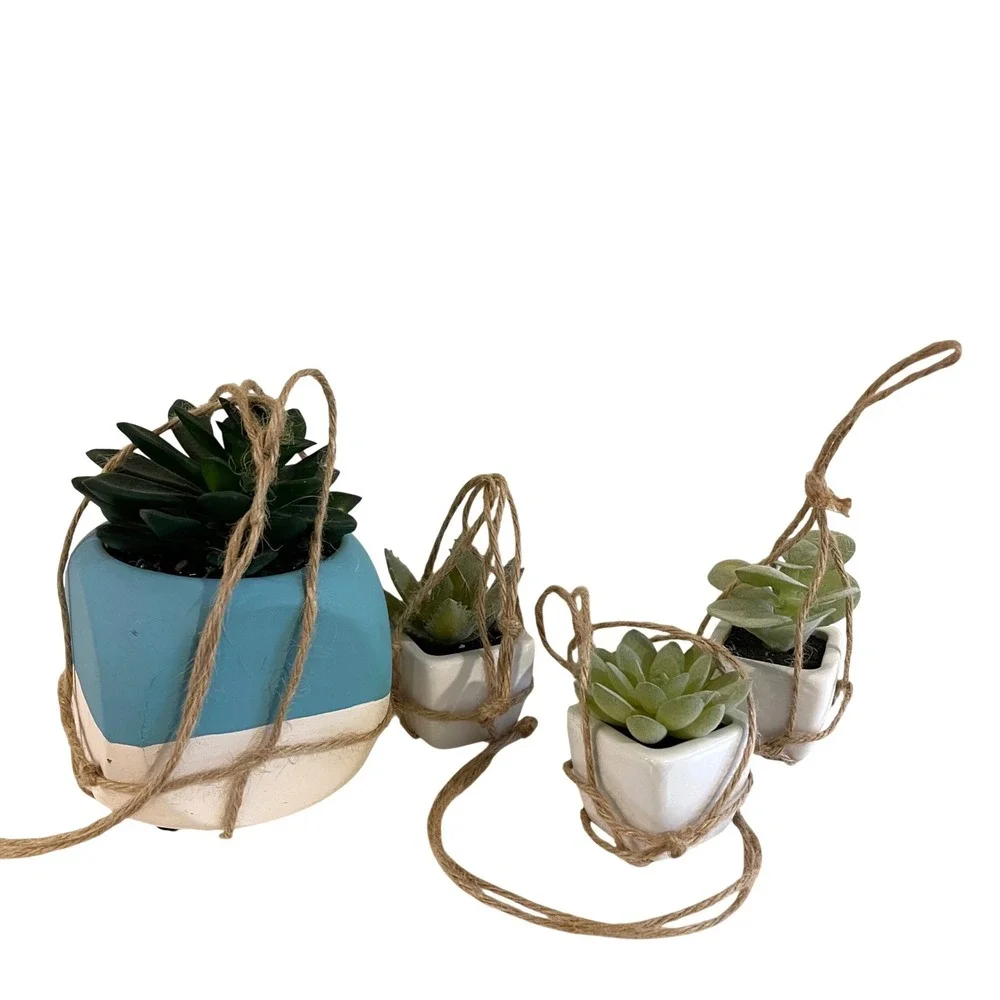 Unbranded Faux Succulent Set‎ 4pc Blue White Boho Hanging Macrame Ceramic Pots